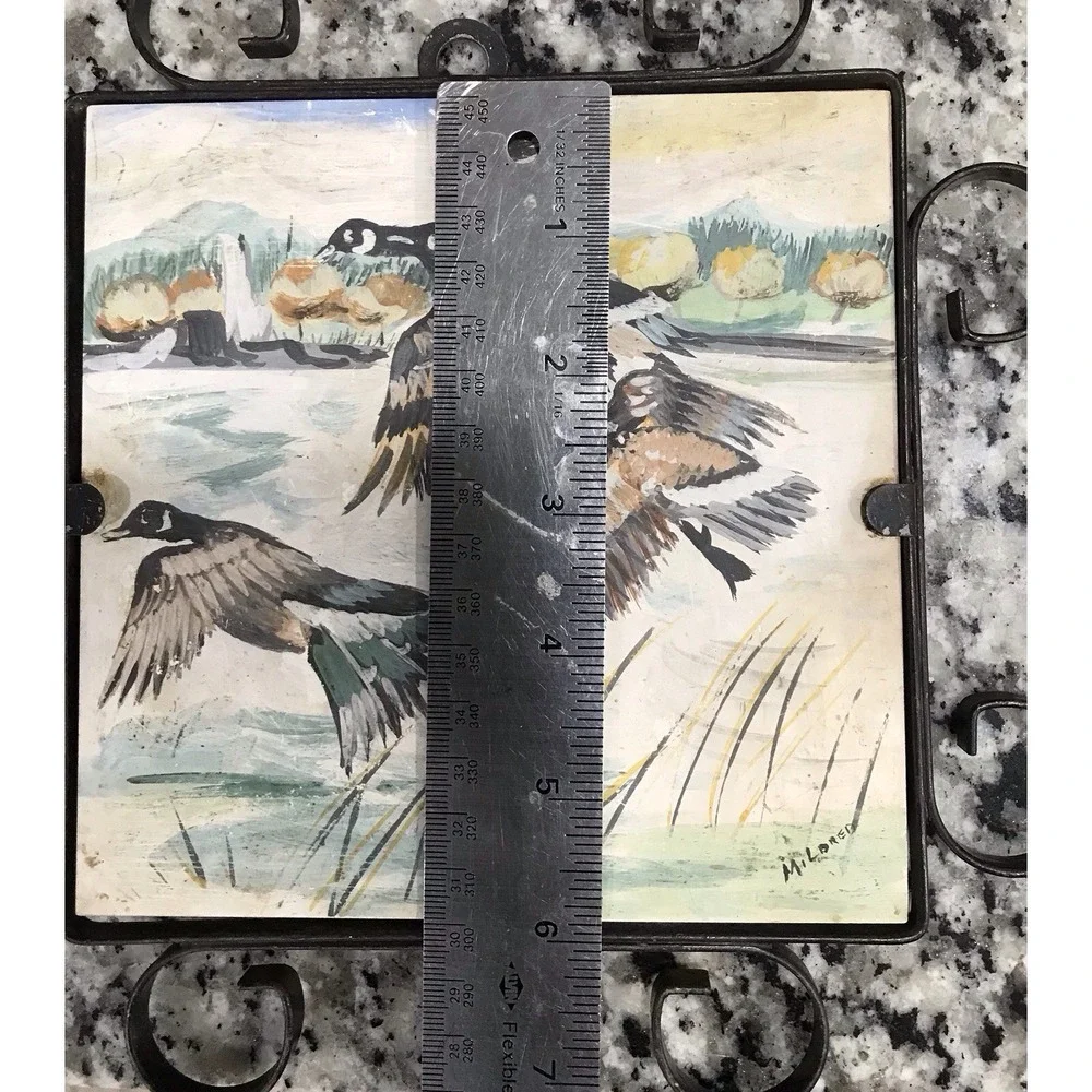 Vintage Geese Birds Tile Trivet Plaque Hand Paint Metal Scroll Frame Cabin Core